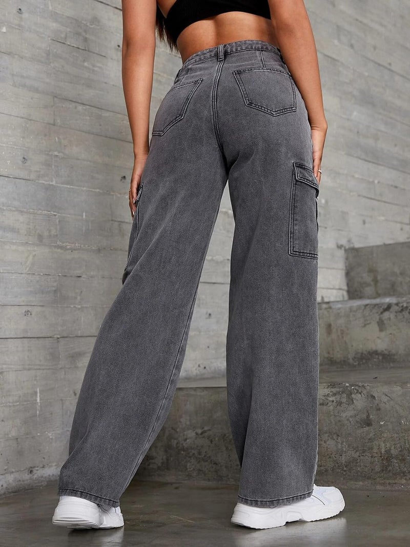 KOTTY Women's Solid High Rise Relaxed Fit Cargo Jeans Dark Grey - Image 4