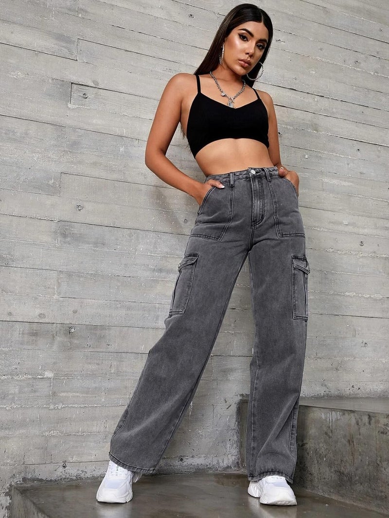 KOTTY Women's Solid High Rise Relaxed Fit Cargo Jeans Dark Grey - Image 5