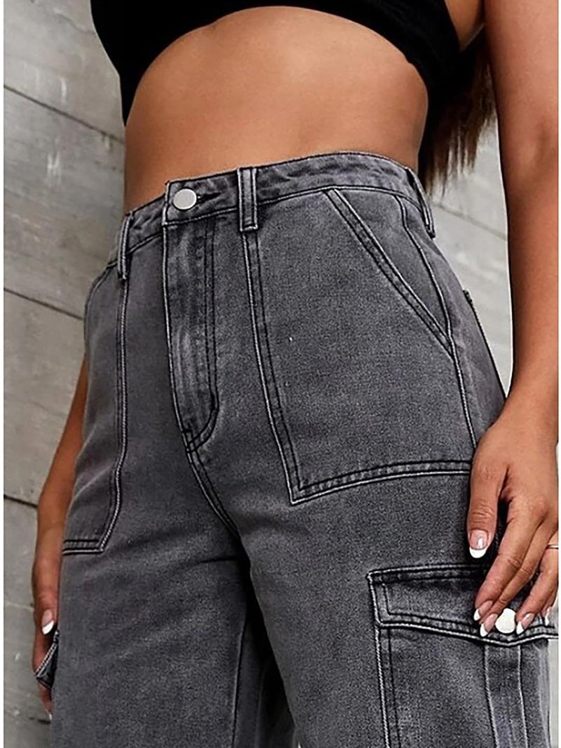 KOTTY Women's Solid High Rise Relaxed Fit Cargo Jeans Dark Grey - Image 3