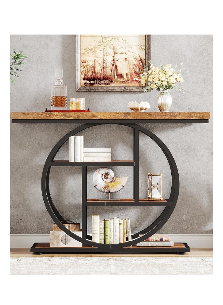 إن كي أكس طاولة جانبية بقاعدة دائرية من الخشب الضيق مع رفوف لغرفة المعيشة باللون البني - Image 1