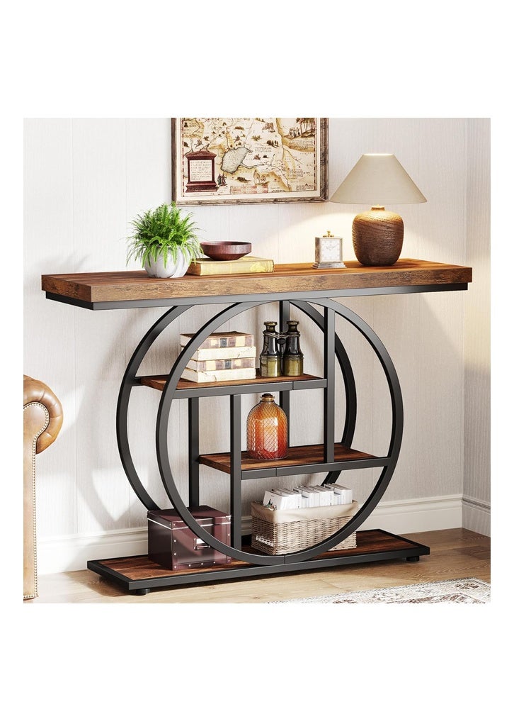 إن كي أكس طاولة جانبية بقاعدة دائرية من الخشب الضيق مع رفوف لغرفة المعيشة باللون البني - Image 2