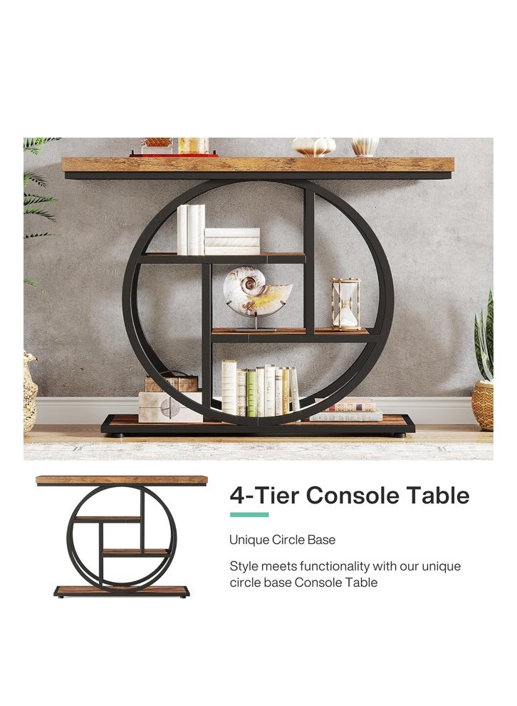 إن كي أكس طاولة جانبية بقاعدة دائرية من الخشب الضيق مع رفوف لغرفة المعيشة باللون البني - Image 5