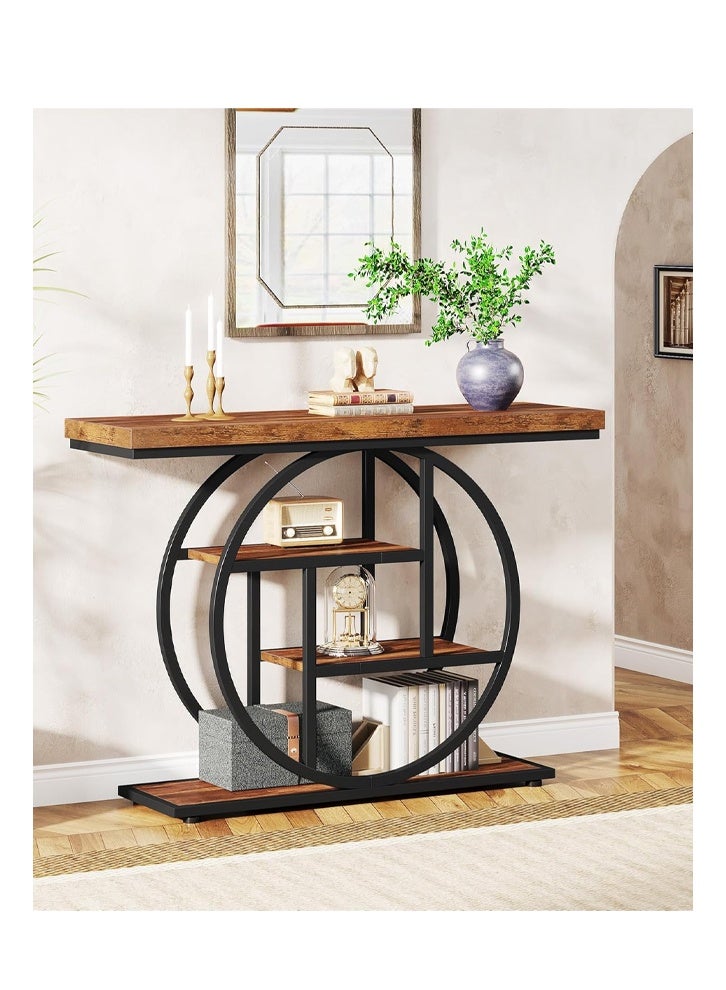 إن كي أكس طاولة جانبية بقاعدة دائرية من الخشب الضيق مع رفوف لغرفة المعيشة باللون البني - Image 4