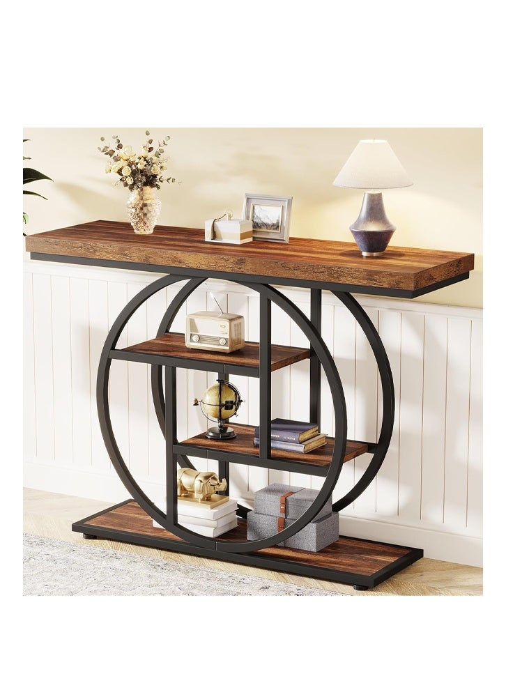 إن كي أكس طاولة جانبية بقاعدة دائرية من الخشب الضيق مع رفوف لغرفة المعيشة باللون البني - Image 3