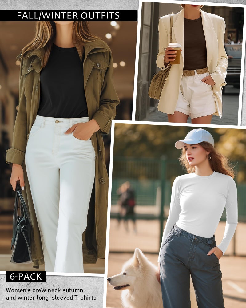 Riyiper 6 Pack Women's Long Sleeve Shirts Basic Slim Fitted Tops Casual Crew Neck Tight Tee Tops 2026 Layering T-Shirt(Brown, White, Cream, Matcha Green, Navy Blue, Black,Large) - Image 2