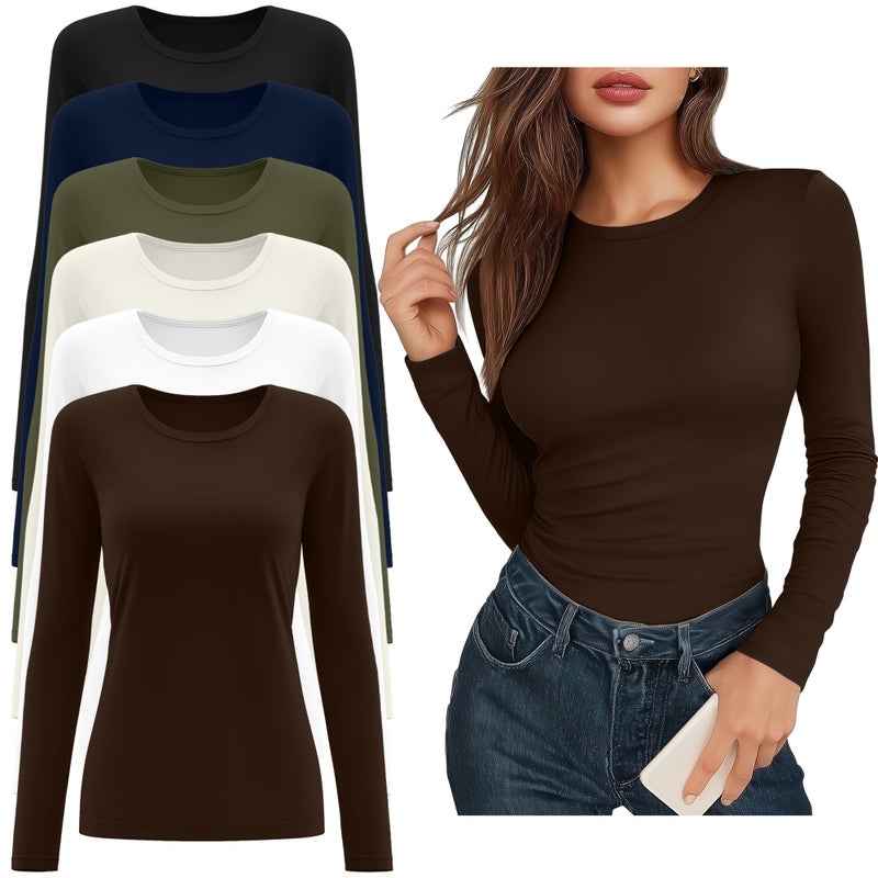 Riyiper 6 Pack Women's Long Sleeve Shirts Basic Slim Fitted Tops Casual Crew Neck Tight Tee Tops 2026 Layering T-Shirt(Brown, White, Cream, Matcha Green, Navy Blue, Black,Large) - Image 1