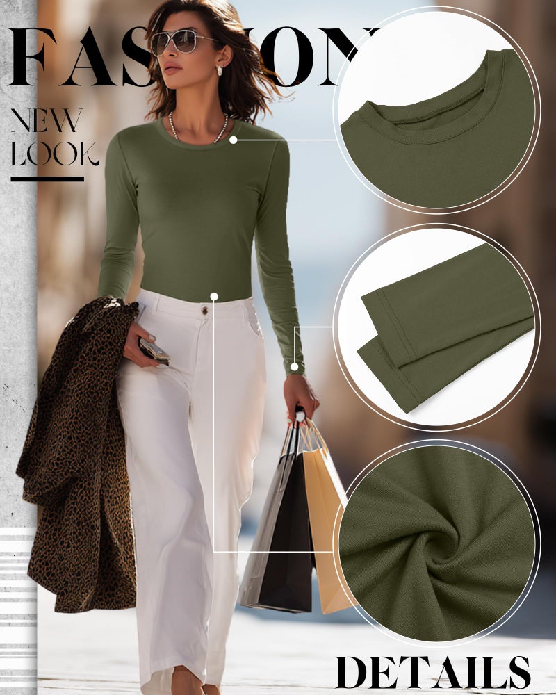 Riyiper 6 Pack Women's Long Sleeve Shirts Basic Slim Fitted Tops Casual Crew Neck Tight Tee Tops 2026 Layering T-Shirt(Brown, White, Cream, Matcha Green, Navy Blue, Black,Large) - Image 4