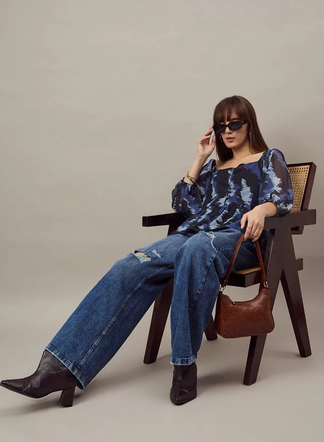 Kuwarii Blue Square Neck Chiffon Top