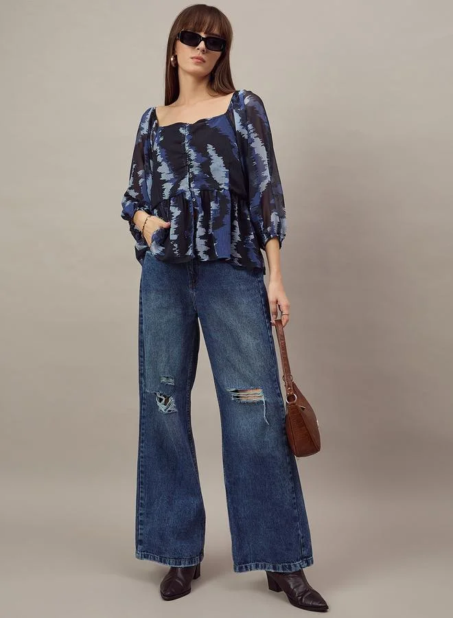 Kuwarii Blue Square Neck Chiffon Top