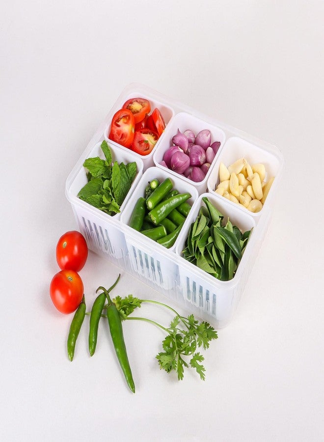 KHEDU FAB® 1 Pc's Refrigerator Storage Containers with 6 Drain Basket Fridge Storage Containers Organizer for Kitchen Fridge Storage Boxes Keep Fresh Chopped Green Ginger Garlic and Vegetables. - Image 5