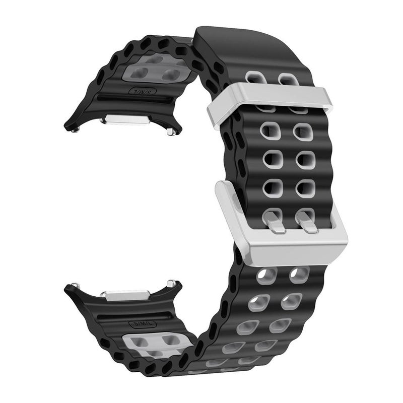 erorex For Samsung Galaxy Watch Ultra / Ultra 2025 Ocean Two Color Dual-Row Hole Silver Buckle Silicone Watch Band(Black Grey) - Image 3