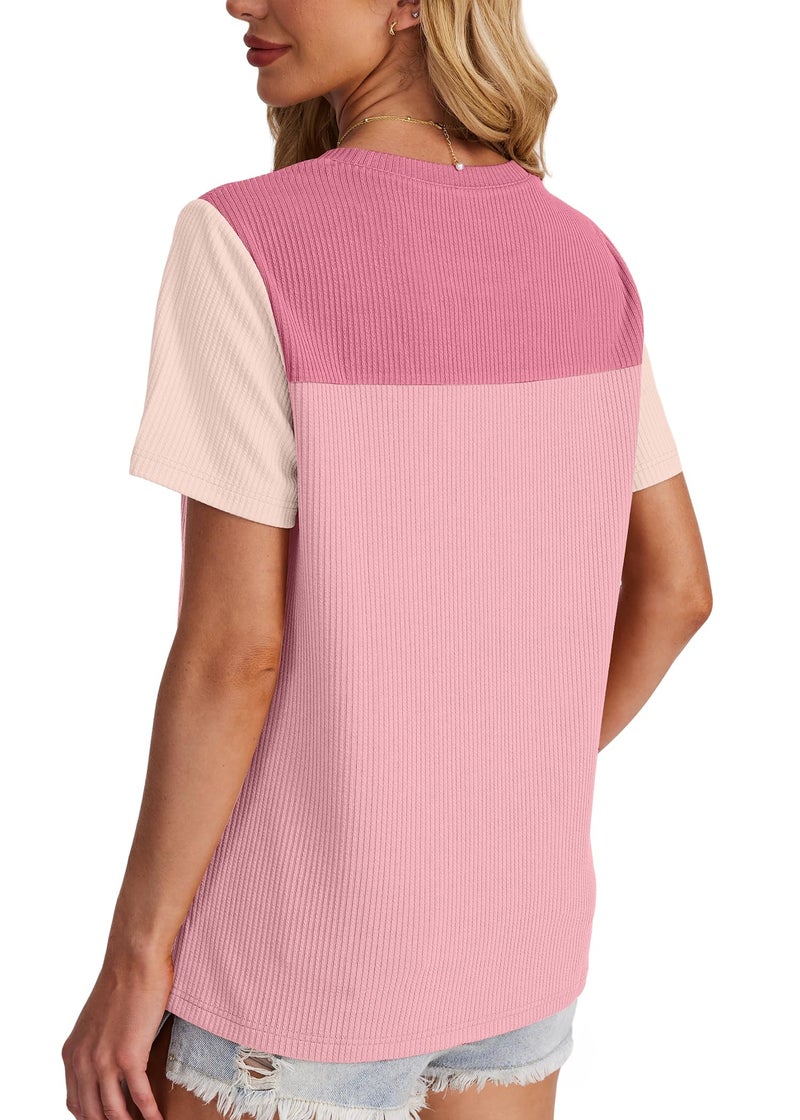 WIHOLL Womens Shirts Y2K Color Block Tops for Women Short Cute Ladies Tees & Blouse Spring Summer Outfits Business Casual T Shirts Blouses for Women Fashion Clothing 2026 Pink M - Image 2