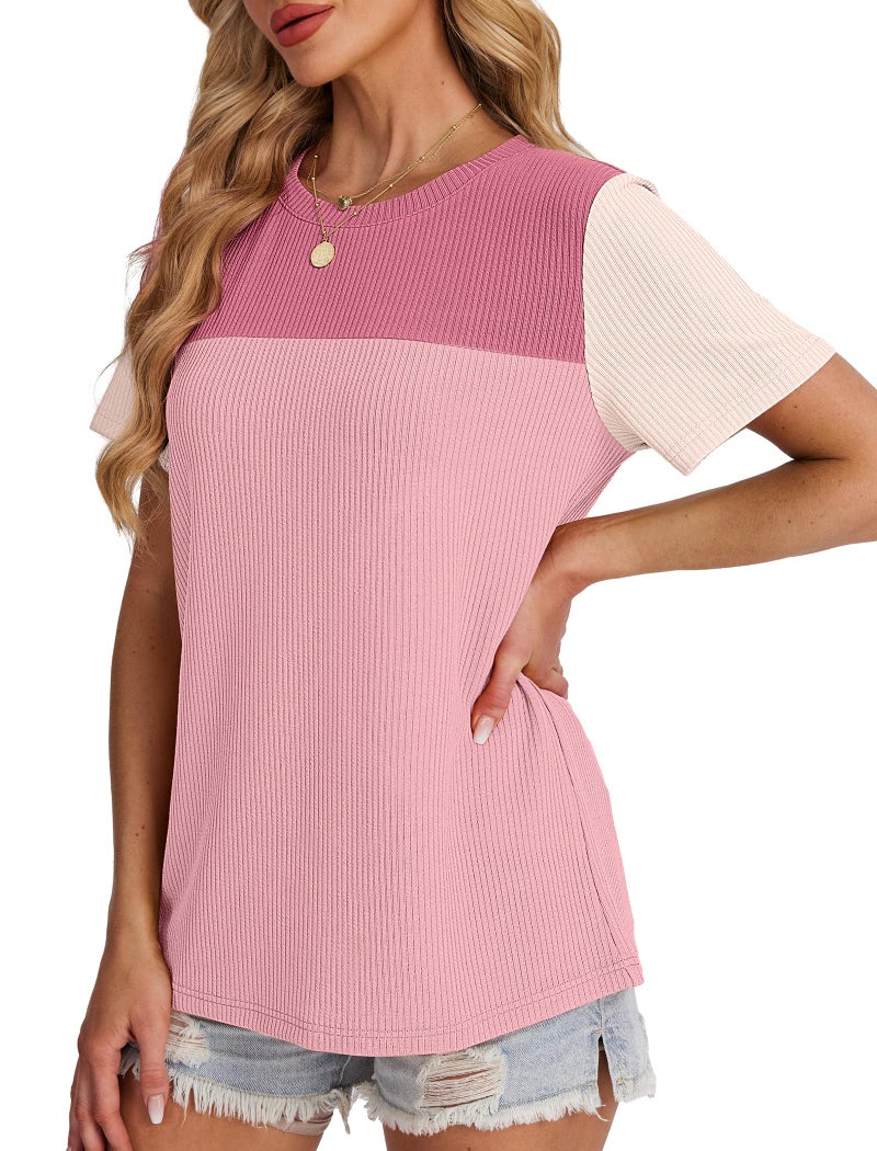 WIHOLL Womens Shirts Y2K Color Block Tops for Women Short Cute Ladies Tees & Blouse Spring Summer Outfits Business Casual T Shirts Blouses for Women Fashion Clothing 2026 Pink M - Image 4
