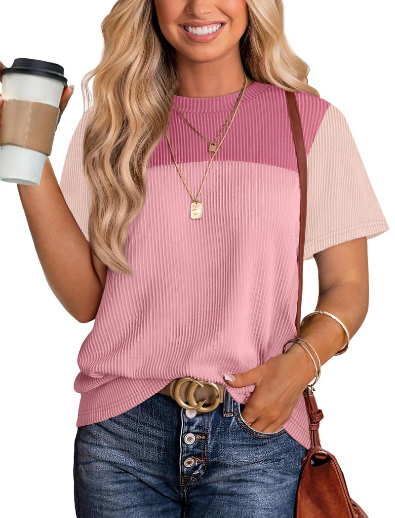 WIHOLL Womens Shirts Y2K Color Block Tops for Women Short Cute Ladies Tees & Blouse Spring Summer Outfits Business Casual T Shirts Blouses for Women Fashion Clothing 2026 Pink M - Image 1