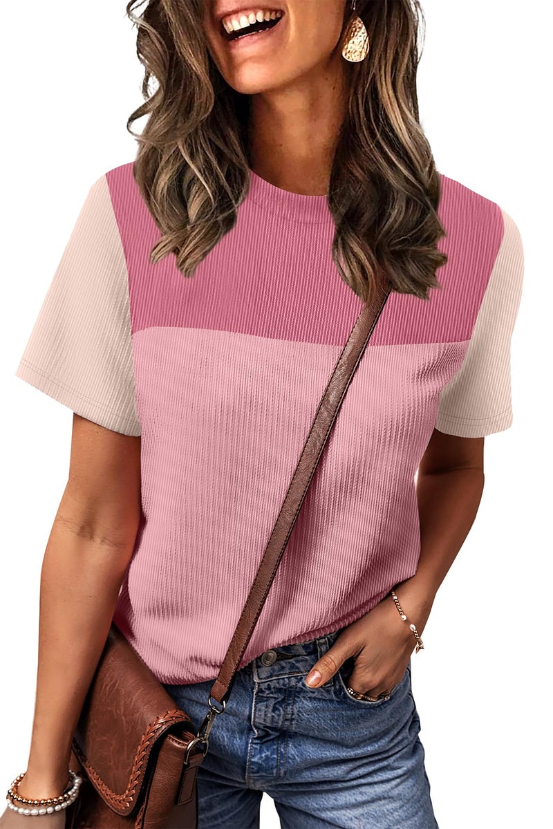 WIHOLL Womens Shirts Y2K Color Block Tops for Women Short Cute Ladies Tees & Blouse Spring Summer Outfits Business Casual T Shirts Blouses for Women Fashion Clothing 2026 Pink M - Image 3