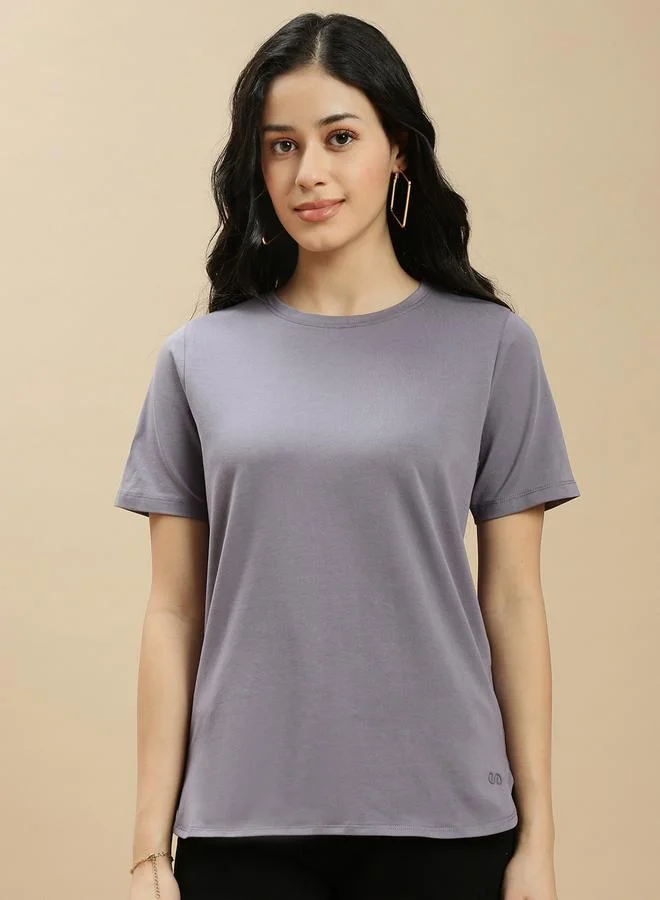 ECOLORE Grey Solid Short Sleeves High Low Top