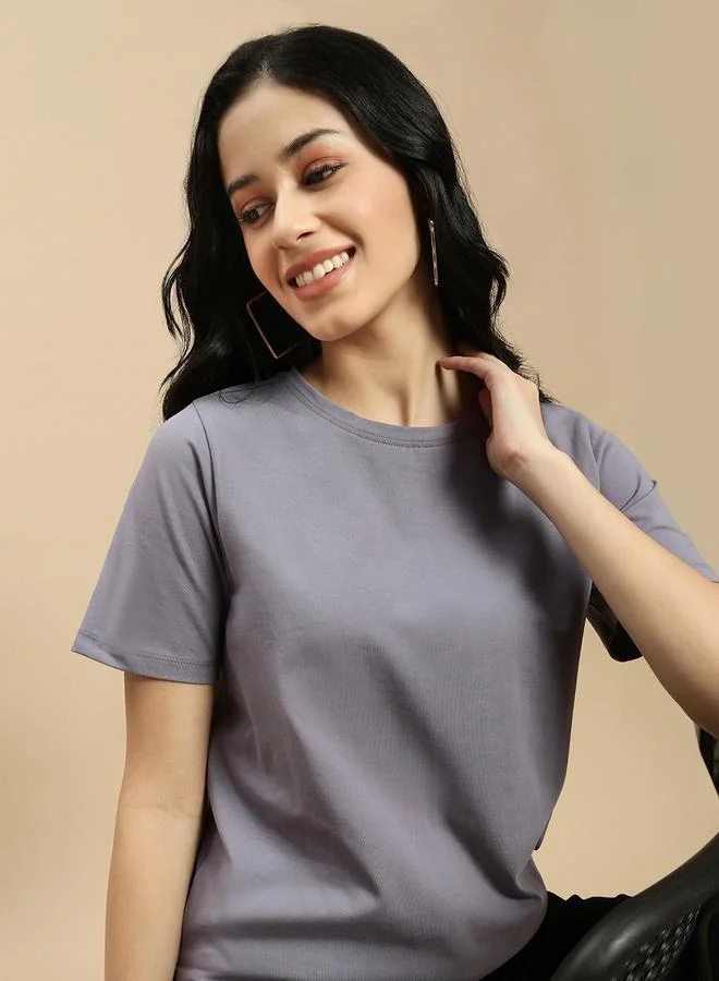 ECOLORE Grey Solid Short Sleeves High Low Top