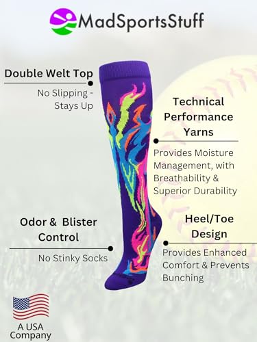 MadSportsStuff Flame Socks Athletic Over the Calf Socks (Purple/Multi Neon, Small) - Image 3