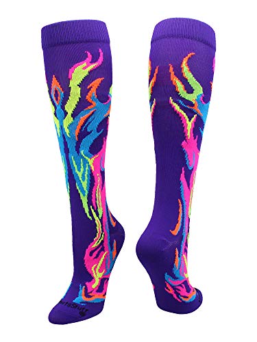 MadSportsStuff Flame Socks Athletic Over the Calf Socks (Purple/Multi Neon, Small) - Image 1