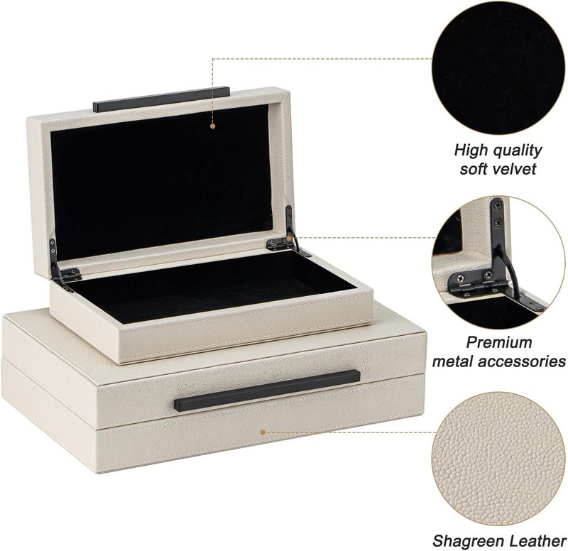 XIGEXIGE Set of 2 Beige Shagreen Decorative Storage Boxes with Black Metal Handles –Faux Leather Large Modern Stackable Nesting Jewelry Box with Lids Organizer - Image 4