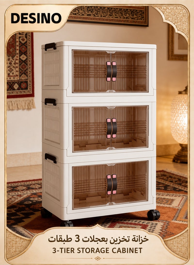 DESINO Storage Box with Lid and Door, 3 Layer Foldable Storage Drawer with Multifunctional Foldable Stackable Storage Box for Home Clothes, Books, Dormitory, Plastic Storage Cabinet with Wheels - Image 1