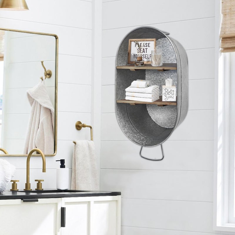 SOFE Galvanized Metal Wash Tub with Shelf, Small Oval Wall Shelf Country Bathroom Decor, 2 Tier Display Shelf Wall Mounted, Farmhouse Laundry, Floating Shelves Bathroom, Living Room - Image 2