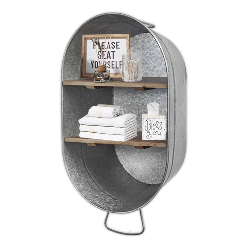 SOFE Galvanized Metal Wash Tub with Shelf, Small Oval Wall Shelf Country Bathroom Decor, 2 Tier Display Shelf Wall Mounted, Farmhouse Laundry, Floating Shelves Bathroom, Living Room - Image 1