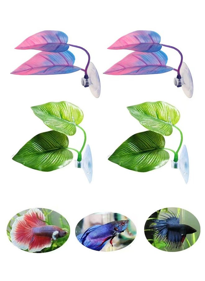 زفيف 4 PCS Fish Tank Decoration Betta Bed Leaf Leaf for Betta Fish ، بقعة خفيفة الوزن وواقعية للراحة ، لوحدة أوراق السمك ، إكسسوارات السرير الاصطناعي الزخرفية （الأخضر/الأرجواني）  - Image 1
