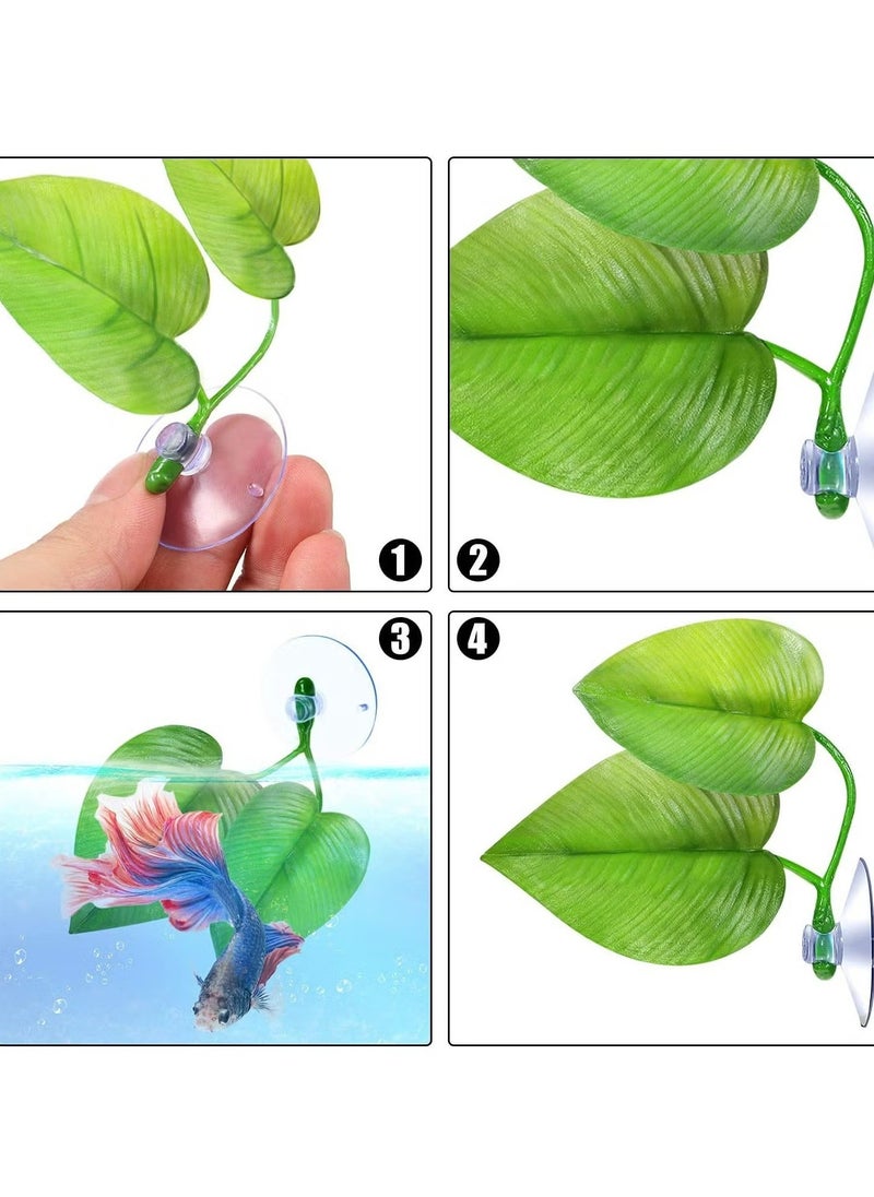 زفيف 4 PCS Fish Tank Decoration Betta Bed Leaf Leaf for Betta Fish ، بقعة خفيفة الوزن وواقعية للراحة ، لوحدة أوراق السمك ، إكسسوارات السرير الاصطناعي الزخرفية （الأخضر/الأرجواني）  - Image 2