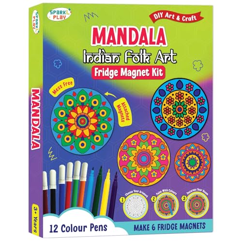 SparkLPlay DIY Mandala Art Kit for Kids. Coloring Set with - 6 Magnetic Cutouts,12 Color Pens & Booklet. Creative Art & Craft. Mess Free. Gifts for Kids. - Image 1