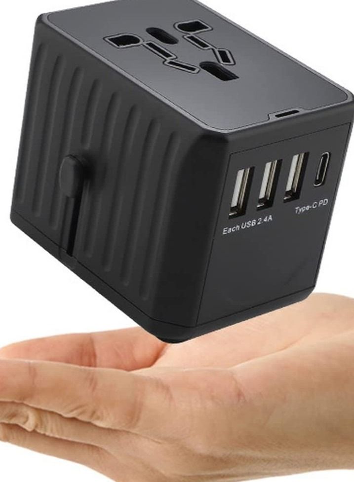 Multi-Function Power Adapter for Travel, International Power Conversion Connector, 3Type-A & 1Type-C,4USB Interface, Universal Standard in Uk, Usa, Australia and Europe, Etc (Black) - Image 1