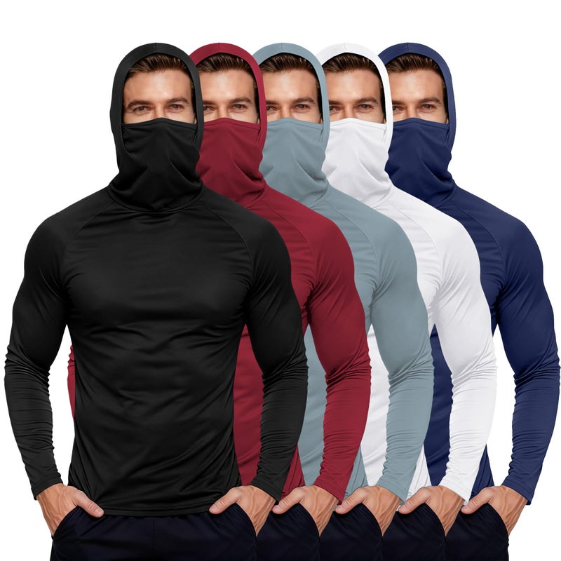 HovSiyla 5 Pack Mens Fishing Hoodie UV Sun Protection Shirts UPF Rash Guard Long Sleeve Shirts Hiking Performance Mesh Face Mask Top Black Grey White Navy Red X-Large - Image 1