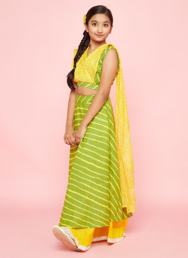 AKS Green and Yellow Leheriya Printed Lehenga Choli for Girls - Image 5
