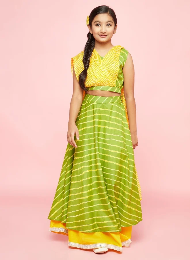 AKS Green and Yellow Leheriya Printed Lehenga Choli for Girls