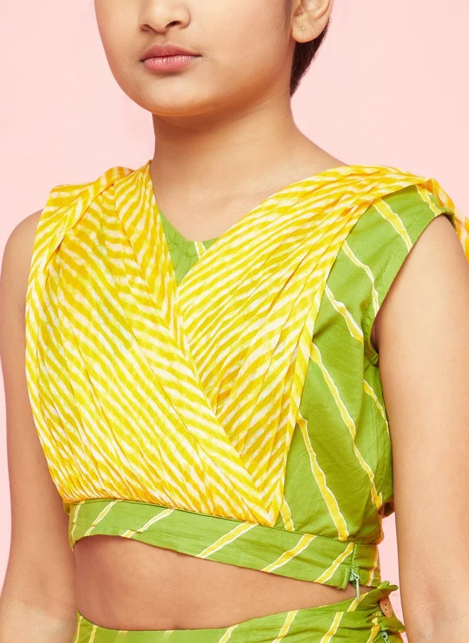 AKS Green and Yellow Leheriya Printed Lehenga Choli for Girls