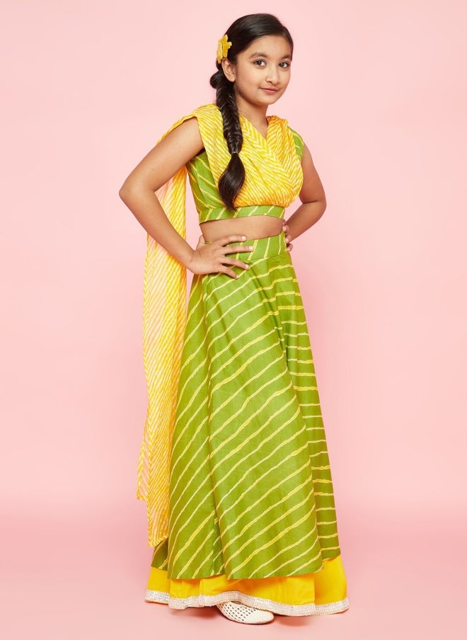 AKS Green and Yellow Leheriya Printed Lehenga Choli for Girls - Image 4