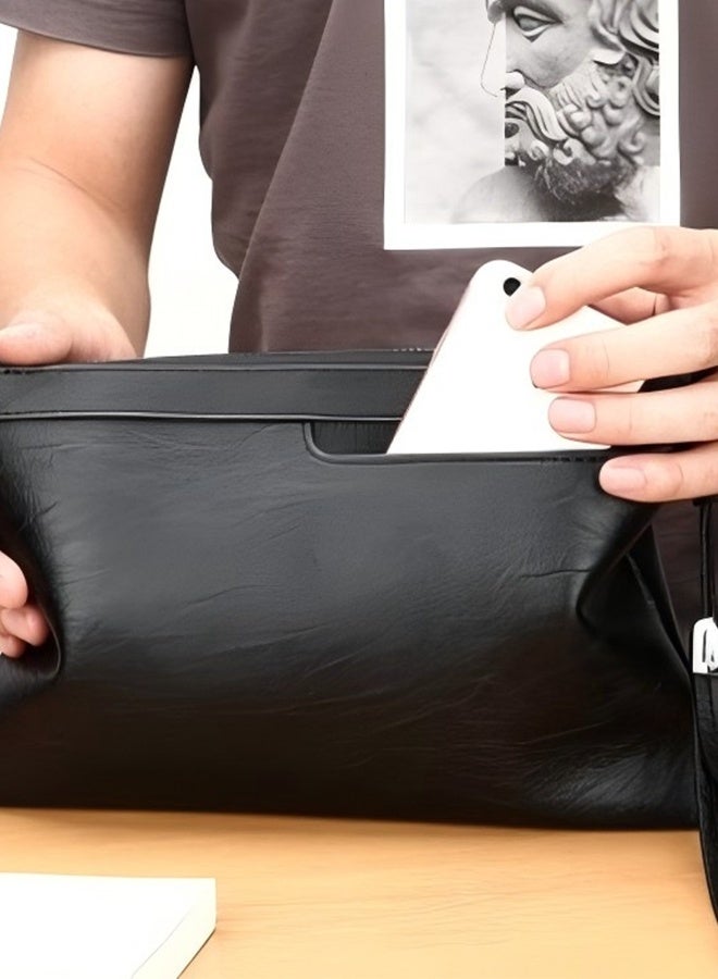 Men's Envelope Clutch - Large Capacity Business Casual Fashion Tote Bag For Men - Business Casual PU Leather Tote Wallet With Cell Phone Pocket - Black  - Image 3