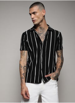Campus Sutra Men's Black & White Pencil Striped Shirt  - Image 1