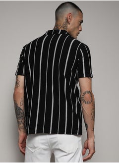 Campus Sutra Men's Black & White Pencil Striped Shirt  - Image 3