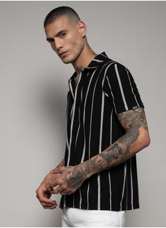 Campus Sutra Men's Black & White Pencil Striped Shirt  - Image 2