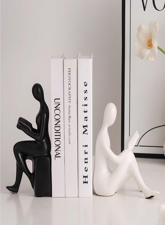 Newmyth Modern Decorative Ceramic Reading Figure Bookends, Contemporary Minimalist Book Holders for Shelves, Office Home Library Decor (Black+ White) - Image 5