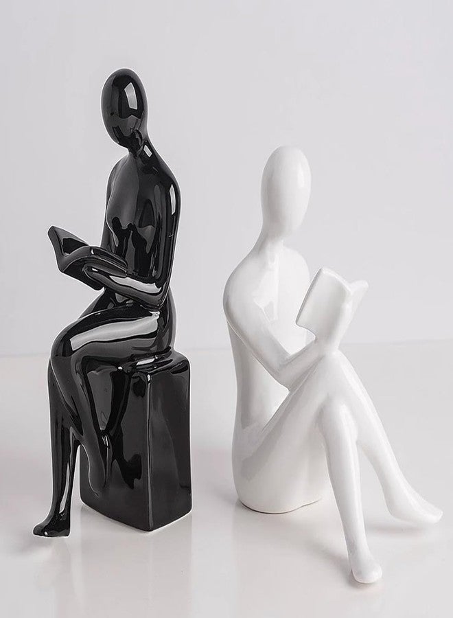 Newmyth Modern Decorative Ceramic Reading Figure Bookends, Contemporary Minimalist Book Holders for Shelves, Office Home Library Decor (Black+ White) - Image 3