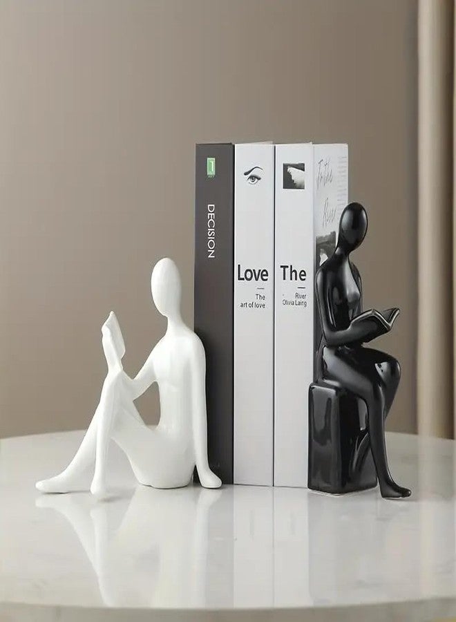 Newmyth Modern Decorative Ceramic Reading Figure Bookends, Contemporary Minimalist Book Holders for Shelves, Office Home Library Decor (Black+ White) - Image 4