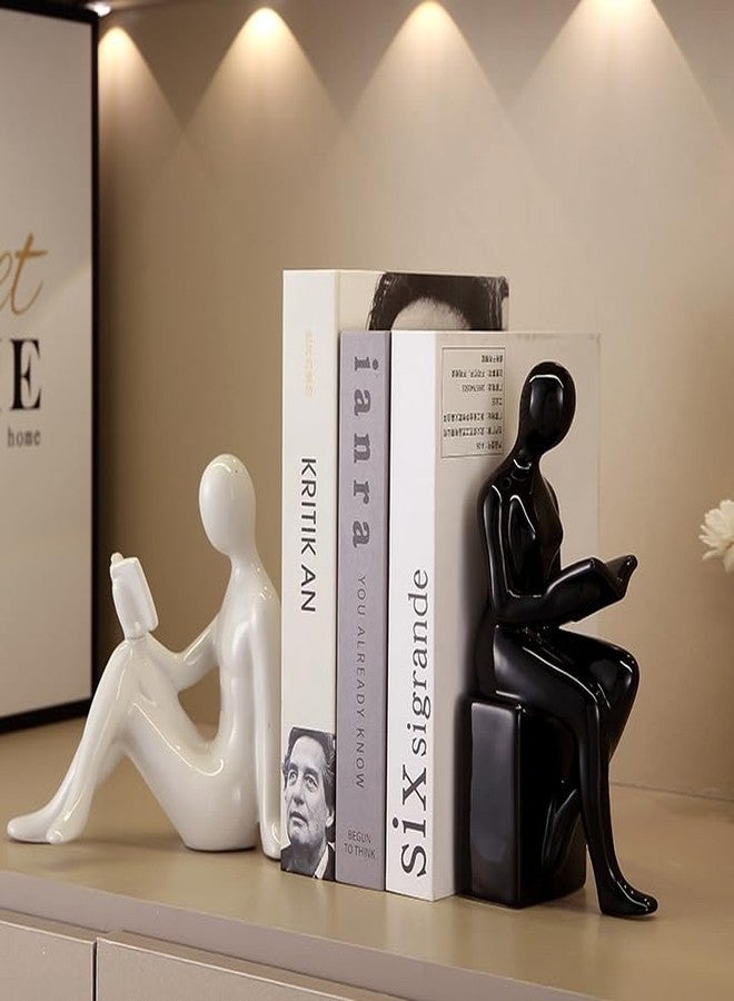 Newmyth Modern Decorative Ceramic Reading Figure Bookends, Contemporary Minimalist Book Holders for Shelves, Office Home Library Decor (Black+ White) - Image 2