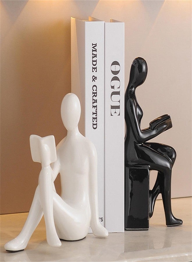 Newmyth Modern Decorative Ceramic Reading Figure Bookends, Contemporary Minimalist Book Holders for Shelves, Office Home Library Decor (Black+ White) - Image 1