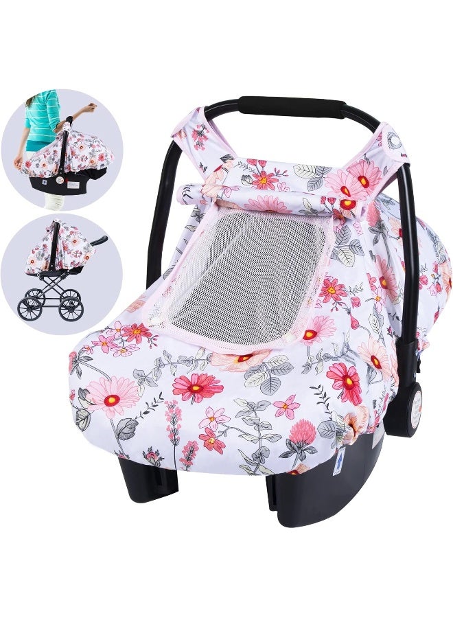 SMTTW Baby Car Seat Covers, Infant Car Canopy for Spring Summer Autumn Winter, Universal Fit, Snug Warm Breathable, Car Seat Canopy for Boys Girls (Pink Flower) - Image 1