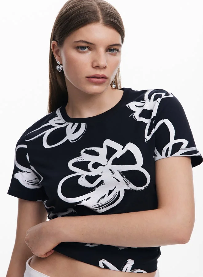 Desigual Black Large Flower T-Shirt for Women | Best Price UAE