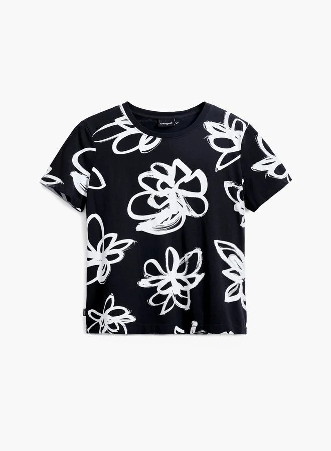 Desigual Black Large Flower T-Shirt for Women | Best Price UAE