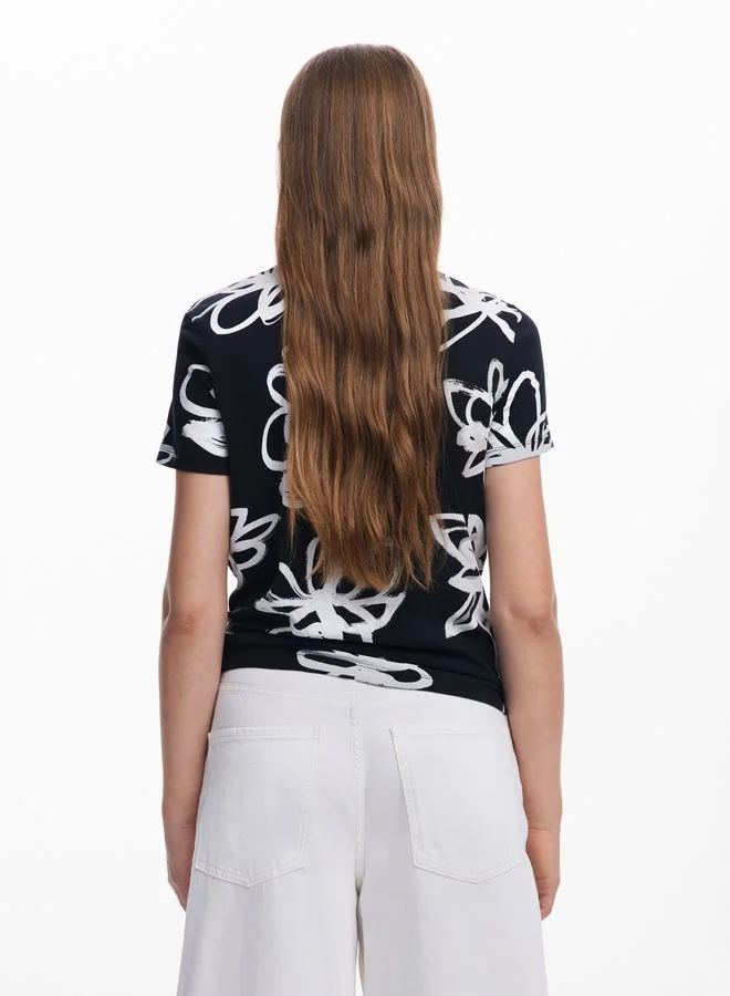 Desigual Black Large Flower T-Shirt for Women | Best Price UAE