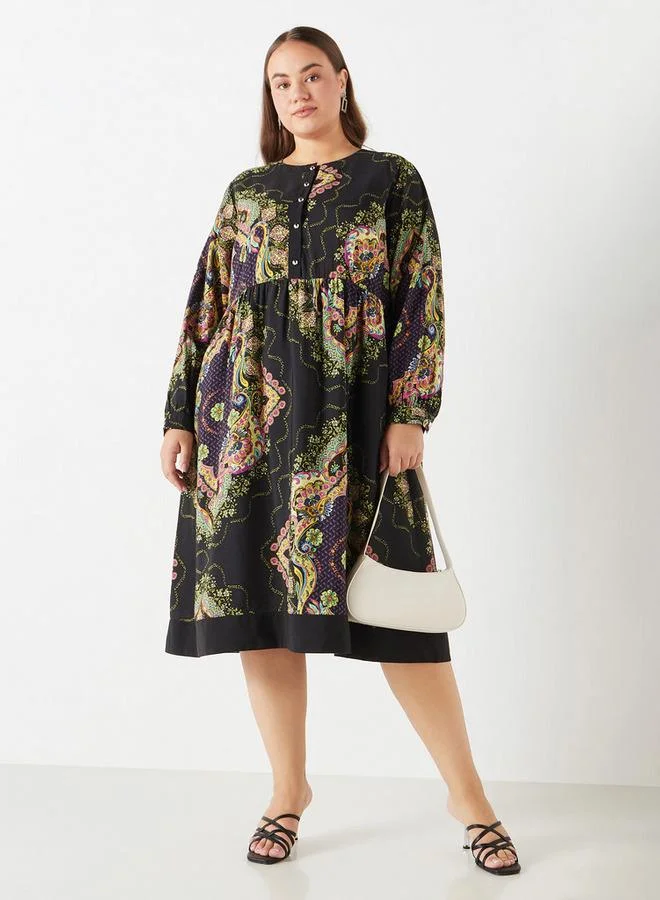 Ulla Popken Plus Size Ulla Popken All-Over Floral Print Midi Dress with Long Sleeves